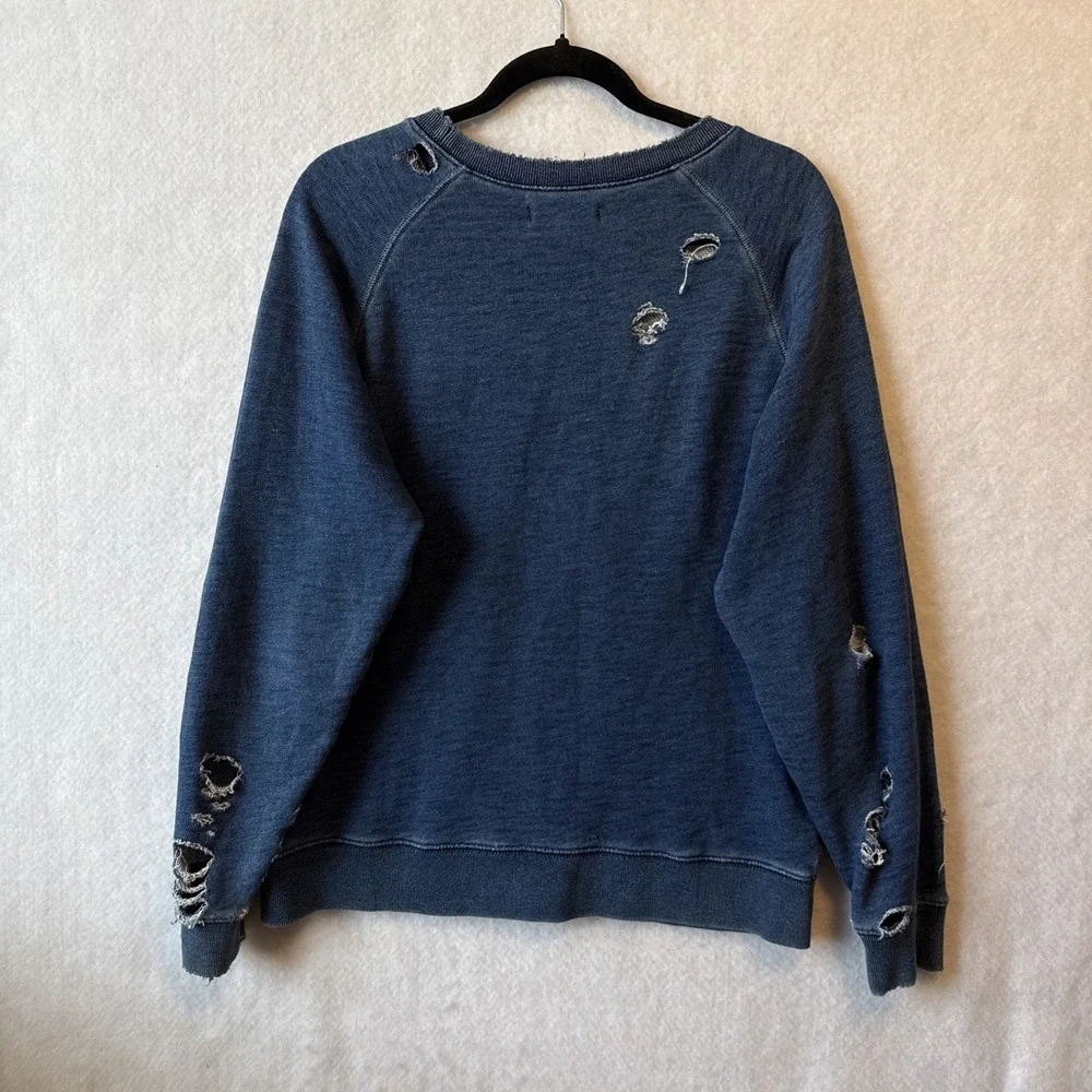 Rivet & Thread J Crew Distressed Thrashed Ripped Indigo Blue Sweatshirt M Grunge